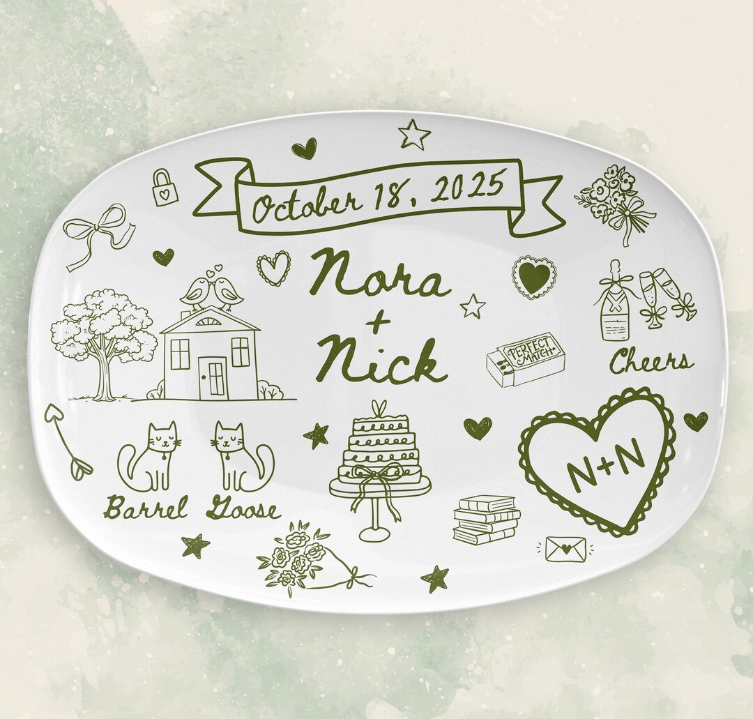 Olive green custom wedding platter, new home gift, modern engagement gift, PERFECT MATCH, add cats, dogs- teacher books, anniversary plate