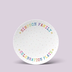 Family CELEBRATION party plate. Birthday, holidays, milestones CAKE plate. Whimsical rainbow text, confetti. New baby gift, hostess gift