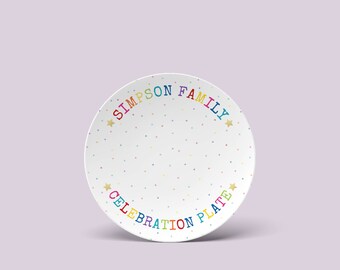 Family CELEBRATION party plate. Birthday, holidays, milestones CAKE plate. Whimsical rainbow text, confetti. New baby gift, hostess gift