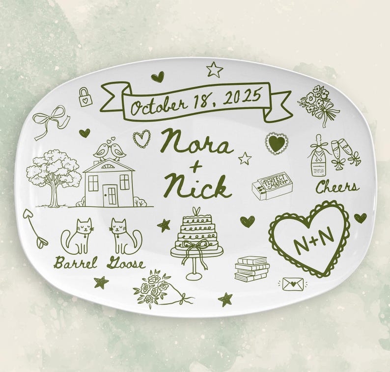 Olive green custom wedding platter, new home gift, modern engagement gift, PERFECT MATCH, add cats, dogs- teacher books, anniversary plate