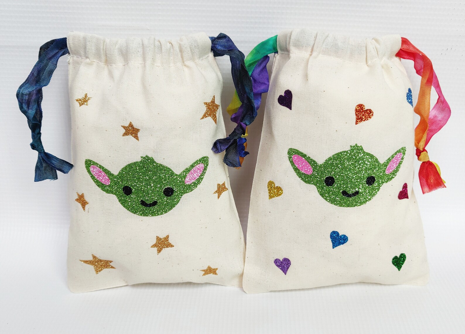 Baby Yoda & glitter stars party favor bags. Coordinates w/ Etsy