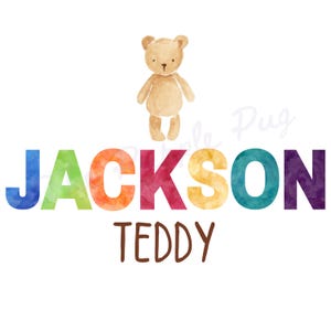 Arquivo digital com nome personalizado de urso de pelúcia clássico, urso da floresta, bichos de pelúcia, urso aquarela, 1º aniversário, camisetas com monograma, cartão de aniversário