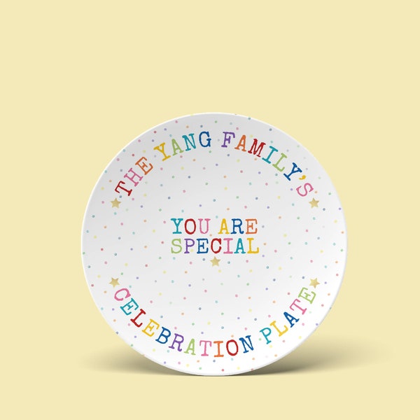 Your Family CELEBRATION plate. You are special birthday plate, BBQ, milestones CAKE plate. Rainbow text, confetti. New baby gift, shower