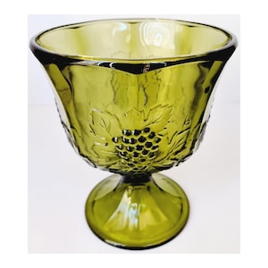 Indiana Glass Pedestal Compote – Green Pressed Glass in Harvest Pattern with Embossed Grapes and Leaves