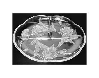 Mikasa Crystal Divided Relish Serving Platter - Meadow Melody Pattern with Embossed Frosted Poppy Flowers