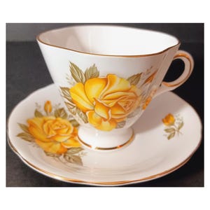 Royal Windsor Tea Cup and Saucer Set Made in England – Yellow Rose Flowers on White Background with Gold Trim