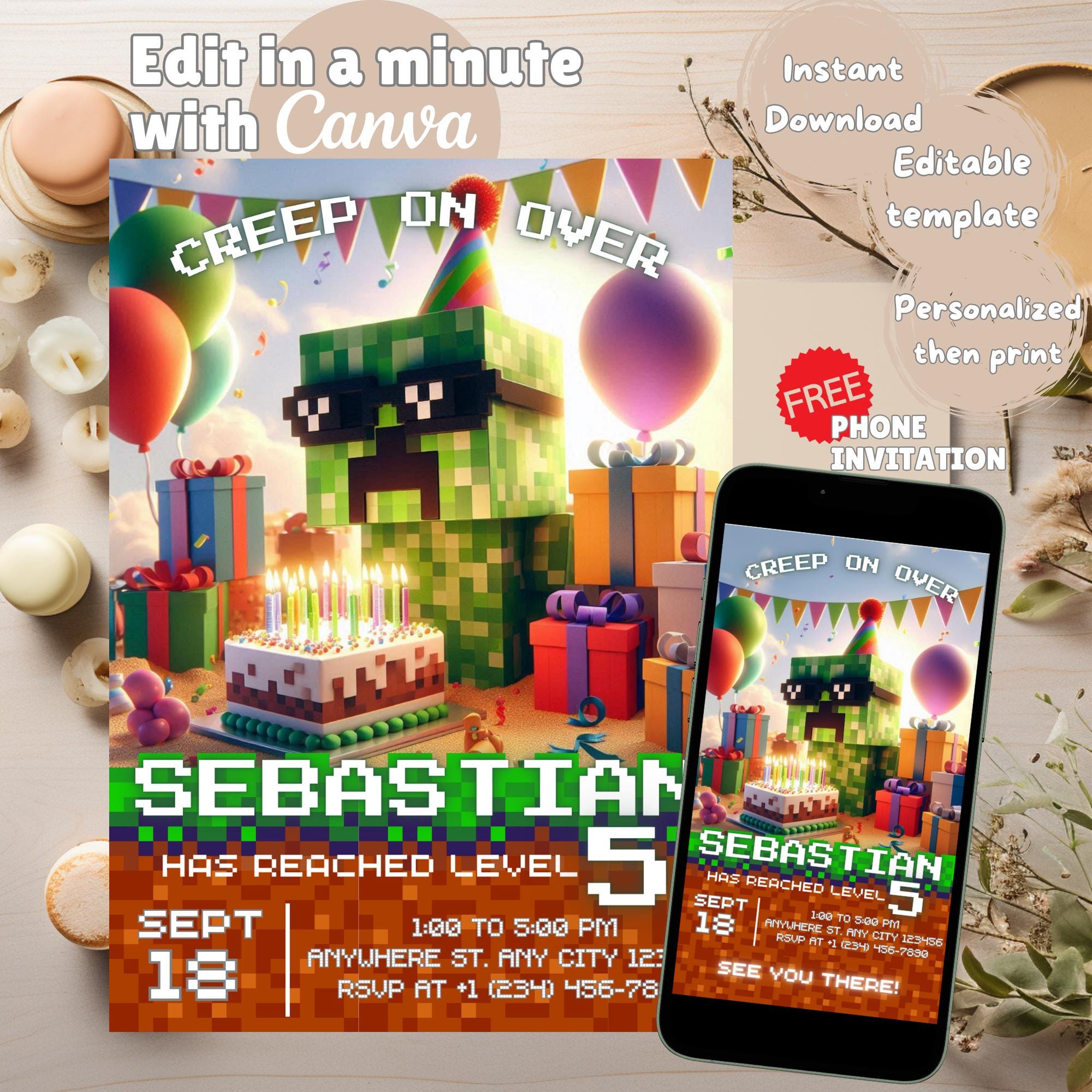Editable Creeper Birthday Invite