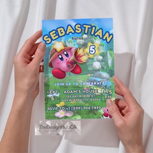 Kirby Birthday Invitation, Kirby Birthday Card, Kirby Birthday Party Themed Card, Kirby Birthday Party, Kids Birthday Invitation