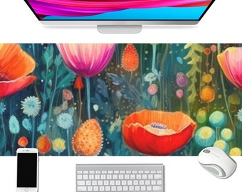 Whimsical Watercolor Floral Desk Mat Colorful Extended Keyboard and Mouse Pad Desk Accessories for Home Office