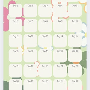 May include: A green and white Etsy Listing Tracker with floral accents. The tracker includes spaces for each day of the month, labeled Day 1 through Day 30, and a section to write the month.