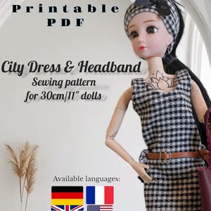 Patron facile robe de poupée 30cm 11&quot; avec bandeau - beginner instructions simple avec photos  - Langues:  Français Anglais Allemand