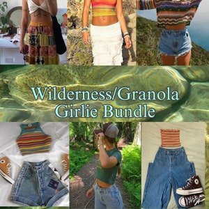 May include: A collage of images featuring different clothing styles, including a patchwork skirt, a white skirt with ruffles, a striped crop top, a blue denim skirt, and a green t-shirt. The text "Wilderness/Granola Girlie Bundle" is displayed in the centre of the collage.
