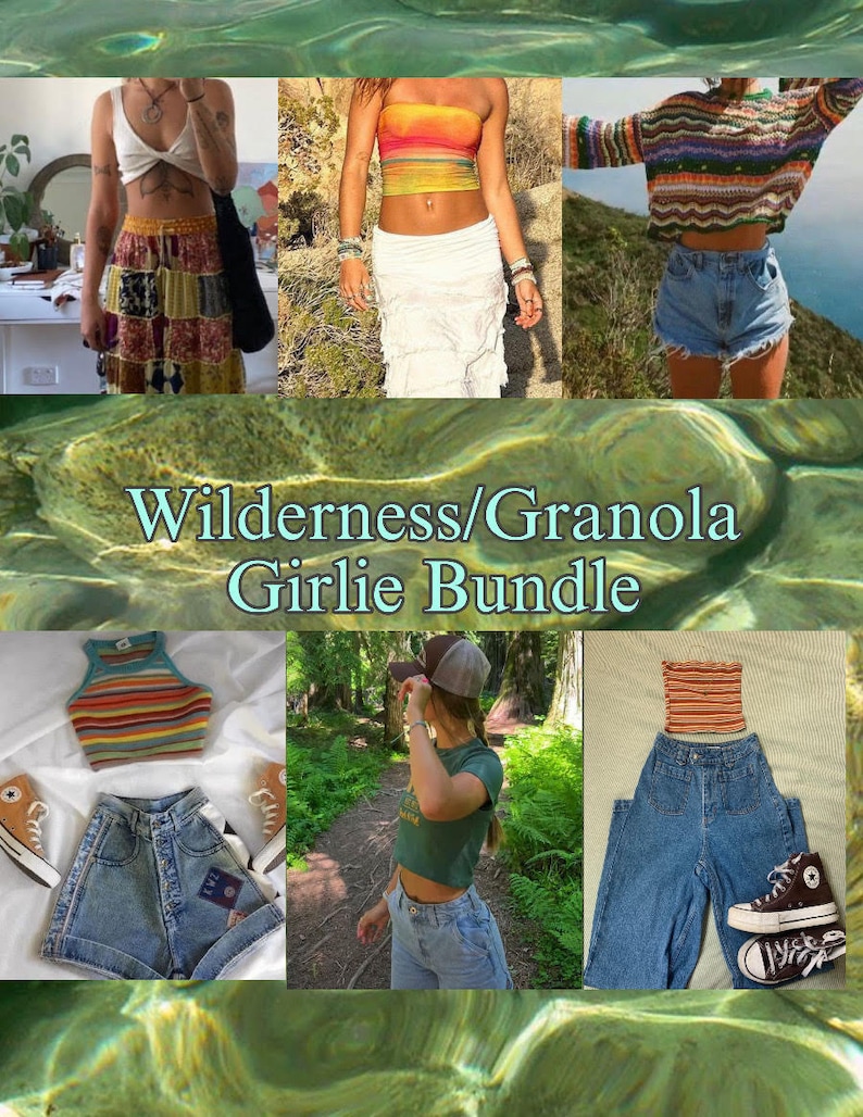 May include: A collage of images featuring different clothing styles, including a patchwork skirt, a white skirt with ruffles, a striped crop top, a blue denim skirt, and a green t-shirt. The text "Wilderness/Granola Girlie Bundle" is displayed in the centre of the collage.