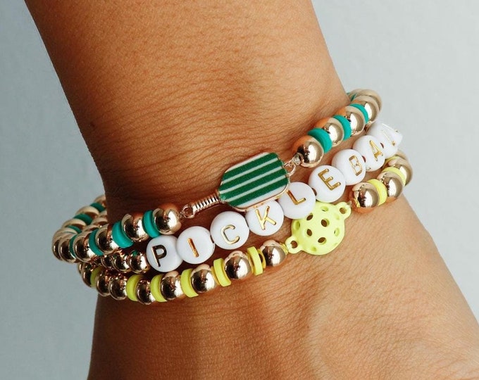 Pickleball Green Lime Yellow Disc Gold Ball Beaded Layered Stretch Bracelet. 3pc Set, Pickle Ball Flair, Stacking, Paddle Cute Sports Gift