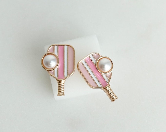 Pink Mauve Striped Pickleball Paddle Enamel Earrings, Faux Pearl Point, Cute Racket Studs, Titanium Posts - Pickle Ball Dainty Sports Gift