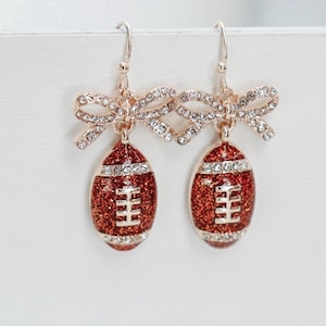 Glittery Football Enamel Hook Earrings with Rhinestones Bow Accent and Details, Gold Plated Brass, Football Gameday Attire, Football Gift