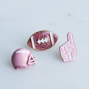 Pink Theme Football Earrings, 6 Piece Set, Enamel Helmet, Glitter Flag Foot ball, Winner Pointer, Shimmery, League, Series, Sports Her Gift