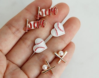 Love Baseball Flair 6-delat örhängesset, söt emaljguld, hjärtabaseboll, konstpärlträ, liga, serie, sport, hennes gåva