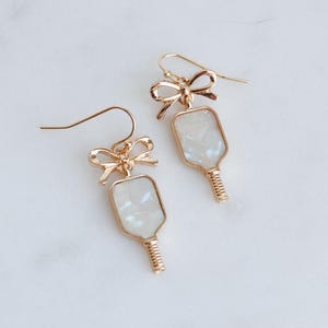 Gold Bow Pickleball Paddle Enamel Dangle Earrings, Coastal Ribbon Point, Cute Racket Drop Hook, Dink Pickle Ball Dainty Sports Her Gift