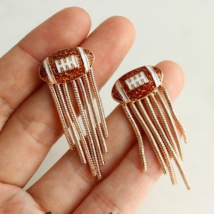Glittery Football Enamel Fringe Earrings, Cute Details, Gameday Celebration, Gold Plated Brass, Football Gameday Attire, Football Gift