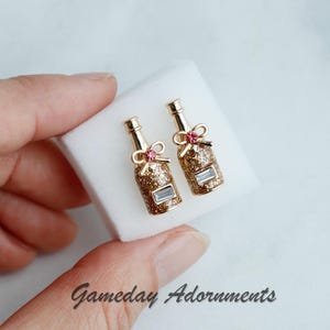Cute Champagne Bow Bottle Earring Studs, Enamel Glitter with Cubics, Day Drinker, Gameday Win,  Brunch Cute Jewelry, Sports, Fan Her Gift