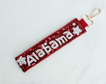 Beaded Alabama Red White 6&quot; Long Keychain, Seed, Sequins Gameday Cheer Flair, Never Lost, A&M NCAA Collegiate Sports Gift