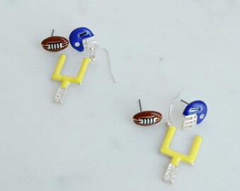 Blue Yellow 6pc Football Theme Earrings Set, Helmet, Goal Post Gameday Jewelry, Sports Gift