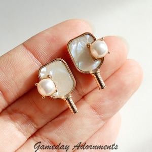 Shimmery Ivory Pickleball Paddle Enamel Earrings, Faux Shell Pearl Point, Cute Racket Studs, Dink Studs - Pickle Ball Dainty Sports Her Gift