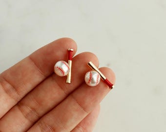 Baseball Bat and Ball Stud Earrings, Cute Enamel Gold, Faux Pearl Baseball, Dainty Softball, League, Series, Sports Her Gift