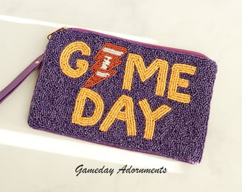 Portamonete con perline per il giorno della partita, piccolo portafoglio da 7 pollici viola e giallo NCAA, custodia regalo per tifosi di football dei Tigers