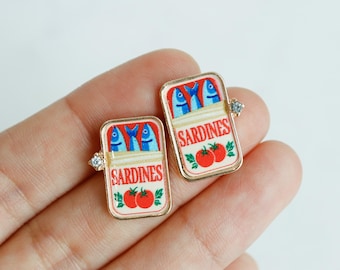 Dainty Sardine Can Earrings, Retro Vintage Print, Enamel Layer Pushback, CZ Point, Coastal Travel Accessory, Fish Lover Gift
