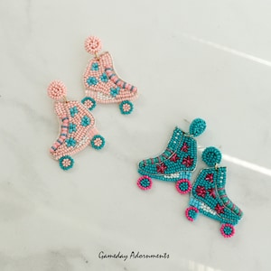 Beaded Pink, Turquoise Retro Roller Skate Earrings, 80's Bright Color Skates, Detailed Beading, Recreation Rink, Quad Derby Sports Gift