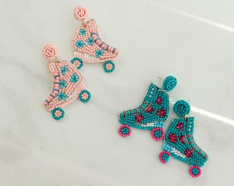 Beaded Pink, Turquoise Retro Roller Skate Earrings, 80's Bright Color Skates, Detailed Beading, Recreation Rink, Quad Derby Sports Gift