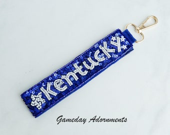 Kentucky UK Blue White 6&quot; Long Wristlet Keychain, Seed, Sequins, Wildcats Gameday Cheer Flair, Never Lost, NCAA Collegiate Sports Gift