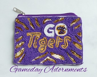 Shiny Beaded Coin Purse - NCAA Flair Small Wallet Bag Tigers Fan Game Day Gift Wallet - White, Purple, Yellow