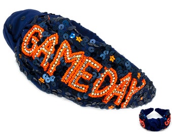 Fascia per capelli NCAA Navy Orange con paillettes e perline per il giorno della partita - 17" - Parte superiore annodata - NCAA College Football, Basket, Regalo