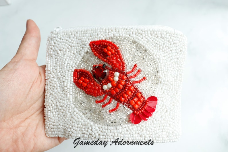 Beaded Coastal Crawfish Coin Bag, Beach Cajun Crayfish Travel Pouch Wallet, Mardi Gras Louisiana, Seafood, Fun Novelty Sports Gift