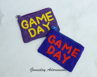Borsa portamonete con perline per il giorno della partita, viola, blu reale, piccola custodia da viaggio, LSU, Ole Miss Superbowl, regalo sportivo NCAA universitario