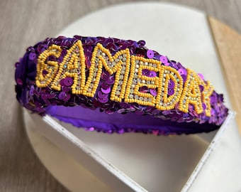 Purple Yellow Sequin and Beaded Game Day Headband - 17" - Knot Top - NCAA College Football, Basketball, Gift