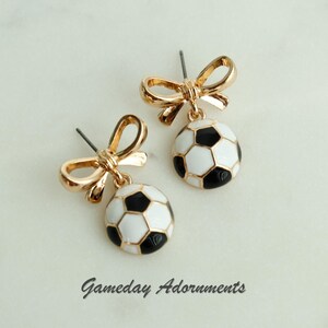 Cute Soccer Ball Earrings with Gold Bow Accent, Enamel Jewelry Brass, Futbol Gameday Attire, Soccer Player, Mom Team Gift