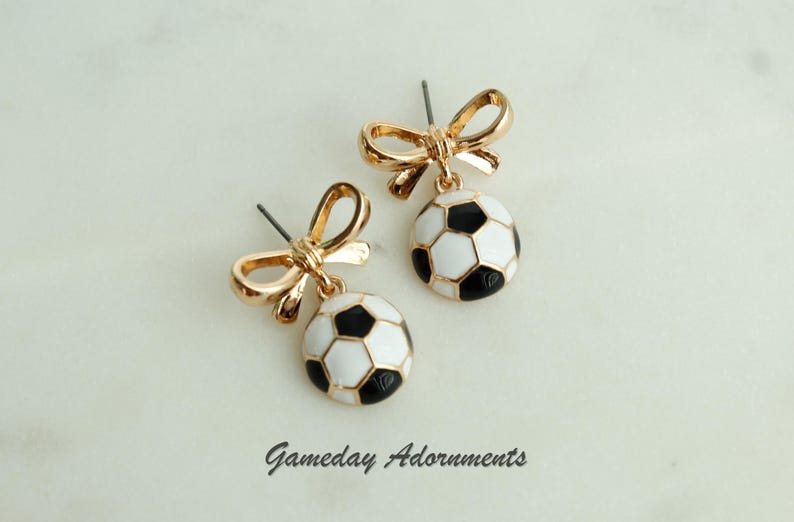 Cute Soccer Ball Earrings with Gold Bow Accent, Enamel Jewelry Brass, Futbol Gameday Attire, Soccer Player, Mom Team Gift