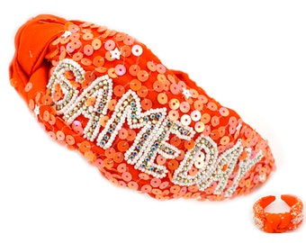 Diadema del día del juego con lentejuelas y cuentas, color naranja y blanco de la NCAA, 17 pulgadas, parte superior con nudo, fútbol americano universitario de la NCAA, baloncesto, regalo