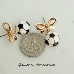 Cute Soccer Ball Earrings with Gold Bow Accent, Enamel Jewelry Brass, Futbol Gameday Attire, Soccer Player, Mom Team Gift