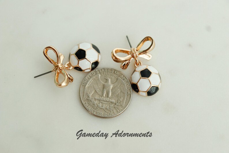 Cute Soccer Ball Earrings with Gold Bow Accent, Enamel Jewelry Brass, Futbol Gameday Attire, Soccer Player, Mom Team Gift