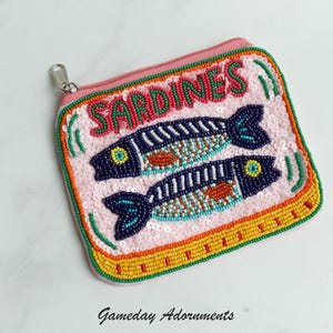 Beaded Sardine Coin Purse, Retro Sardine Can, Vintage Colors, Petite Pouch, Makeup Bag Coastal Travel Accessory, Fish Lover Gift