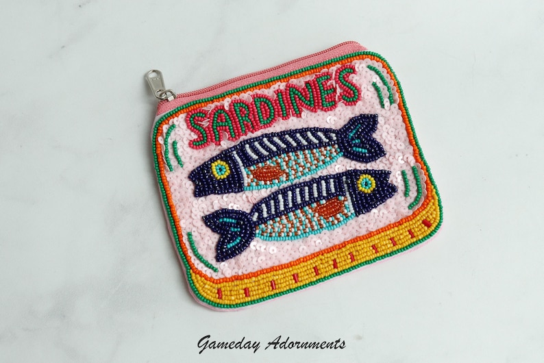 Beaded Sardine Coin Purse, Retro Sardine Can, Vintage Colors, Petite Pouch, Makeup Bag Coastal Travel Accessory, Fish Lover Gift