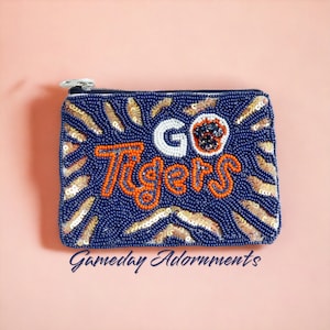 Monedero con cuentas - Monedero pequeño con estilo NCAA - Cartera de regalo para el día del partido de los Tigers - Azul marino, blanco, naranja, morado y amarillo