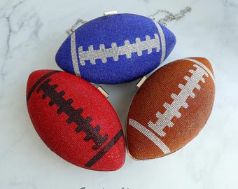 Bling Rhinestone Studded Hard Football Shoulder Bag Purse, Gameday Flair, Chain Clutch Travel Pouch, Collegiate Red Black, Sports, Her Gift
