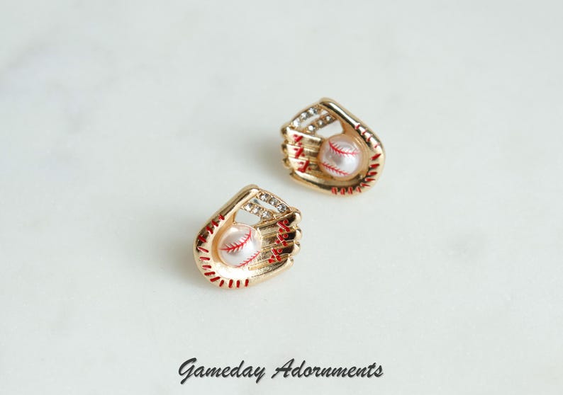 Baseball Glove and Ball Stud Earrings, Cute Enamel Gold, Faux Pearl Baseball, Dainty Softball, League, Series, Sports Coach Her Gift