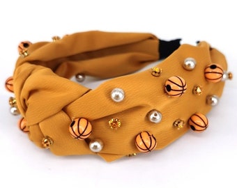 Divertente fascia da basket arancione alla moda, 17", parte superiore intrecciata, perle, strass, decorazioni con palloni da basket, NCAA, regalo NBA Gameday